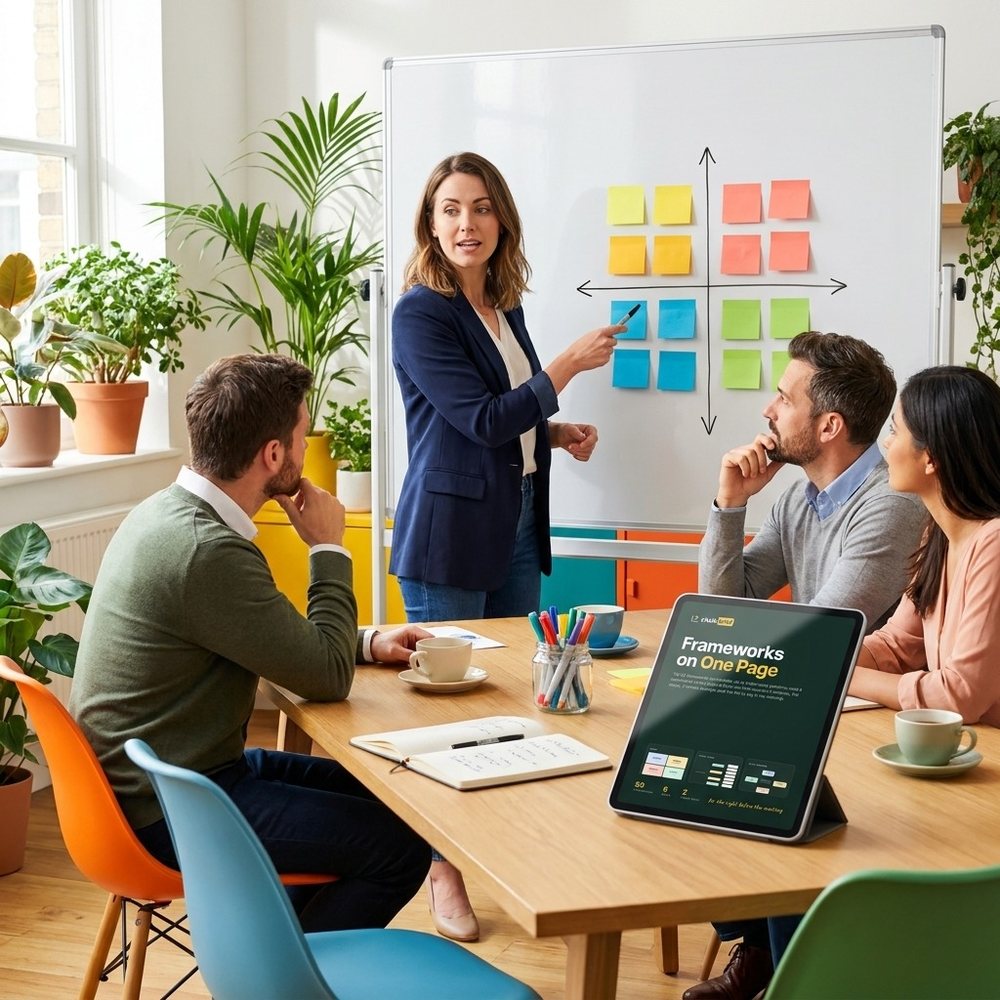 A meeting: a colleague points at a two by two grid of sticky notes on the whiteboard and the room follows her, with Frameworks on One Page open on a tablet on the table